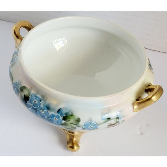 Antique GDA Limoges Hand Painted 3 Footed Bowl Blue Floral Gold Gilt Porcelain - Picture 5 of 11